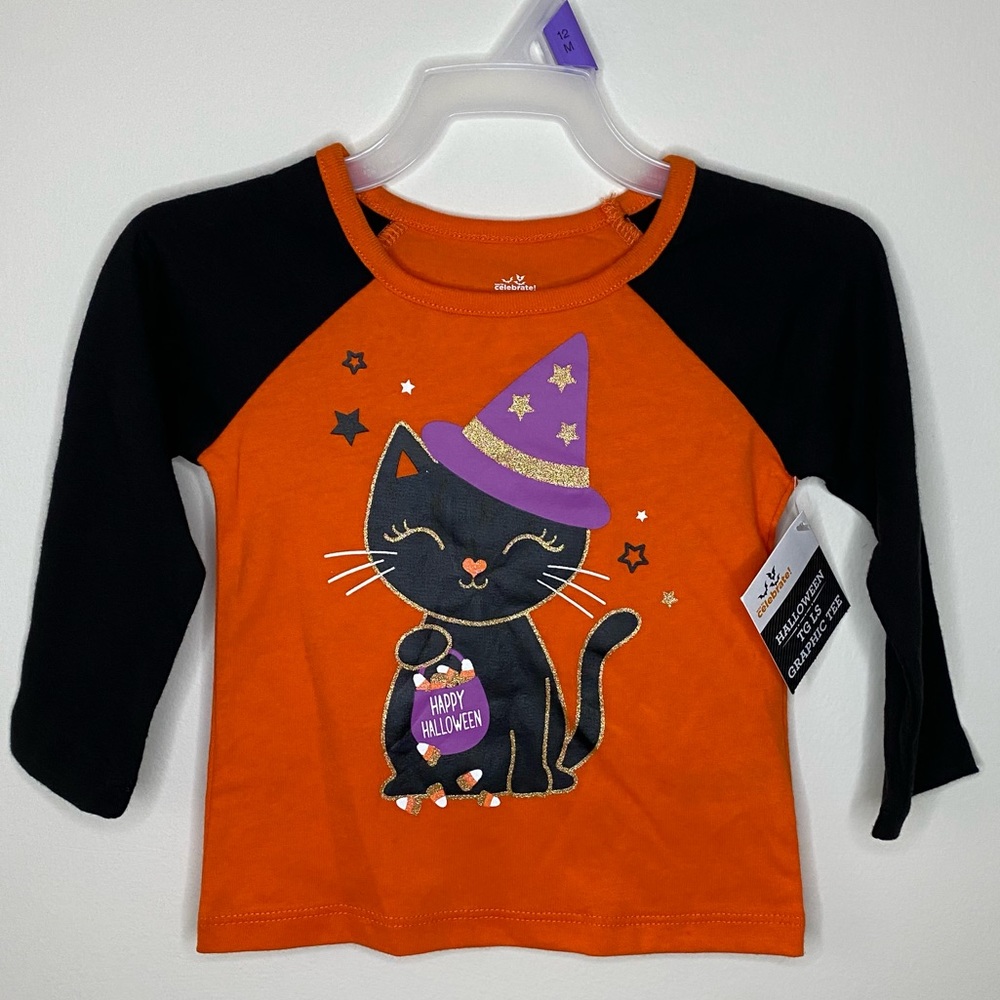 NWT Way To Celebrate! Halloween Black Cat Long Sleeve 12M Tee Orange Black Shirt